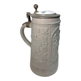 Large Antique 1800's German Pottery Porcelain Pewter Lidded Beer Stein Mug For Sale
