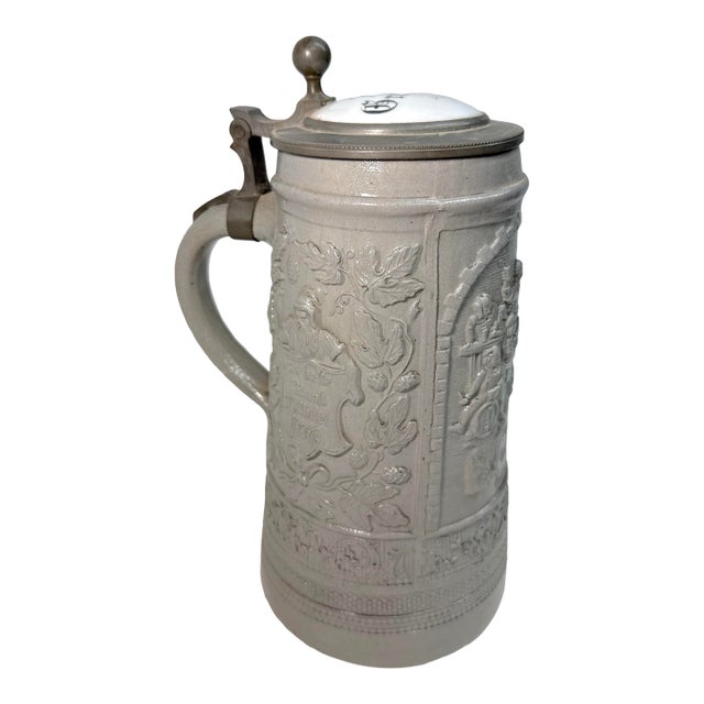Large Antique 1800's German Pottery Porcelain Pewter Lidded Beer Stein Mug For Sale