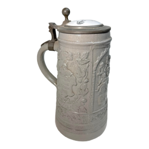 Large Antique 1800's German Pottery Porcelain Pewter Lidded Beer Stein Mug