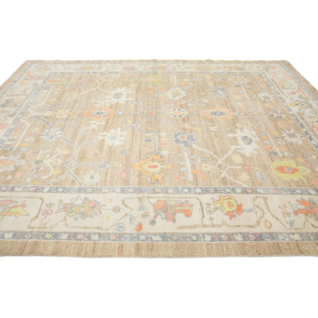 2020s Light Brown Modern Turkish Oushak Wool Rug With Floral Design For Sale - Image 5 of 10