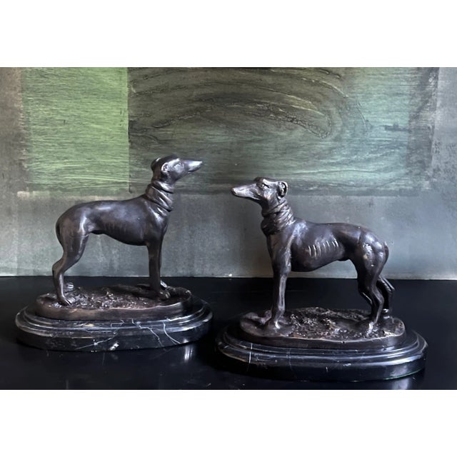 Metal Art Deco Bronze Dogs on Marble Bases- Set of 2 For Sale - Image 7 of 15