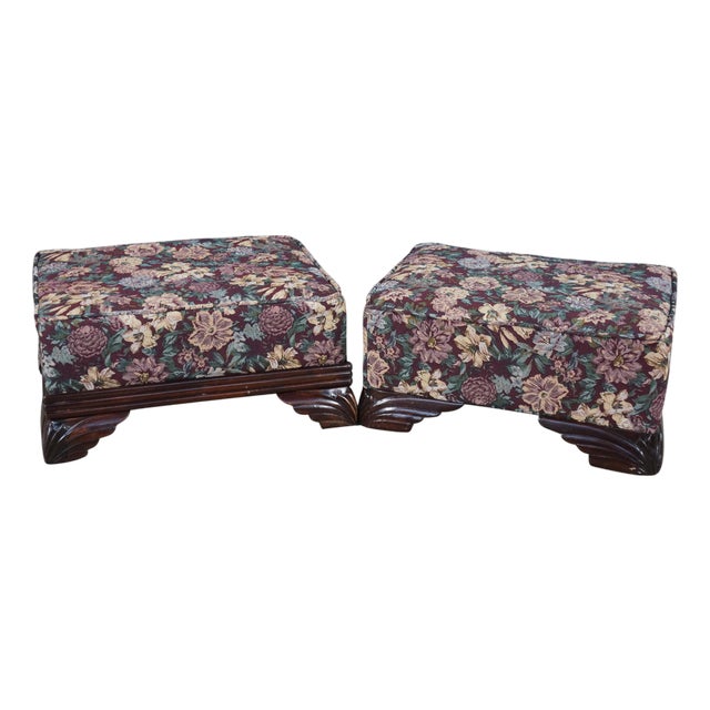 2 Antique Victorian Walnut Tapestry Upholstered Footstools Ottomans Bench Pair For Sale