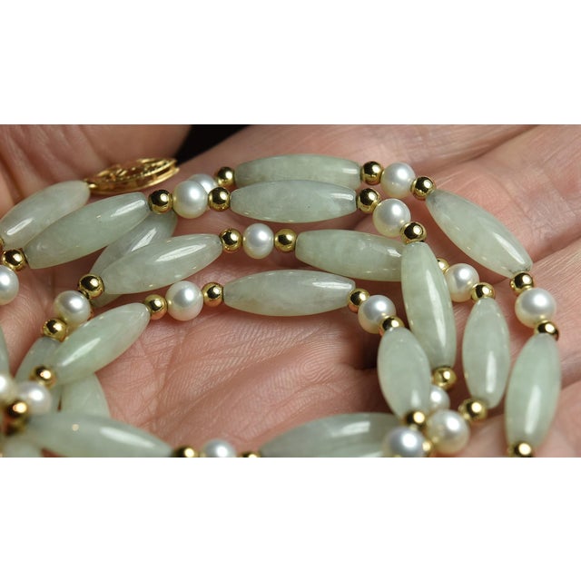 Vintage Barrel Jade & Pearl 14k Beaded 26" Necklace For Sale - Image 14 of 17