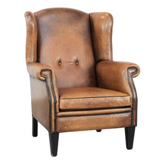 Large Sheepskin Leather Wing Chair For Sale