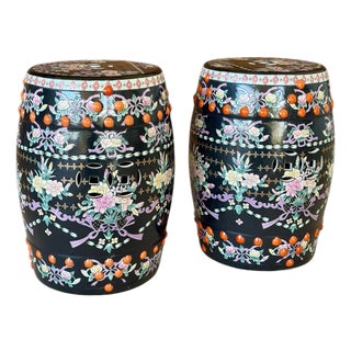 Late 20th Century Chinese Export Black Ground Famille Rose Porcelain Garden Stools For Sale