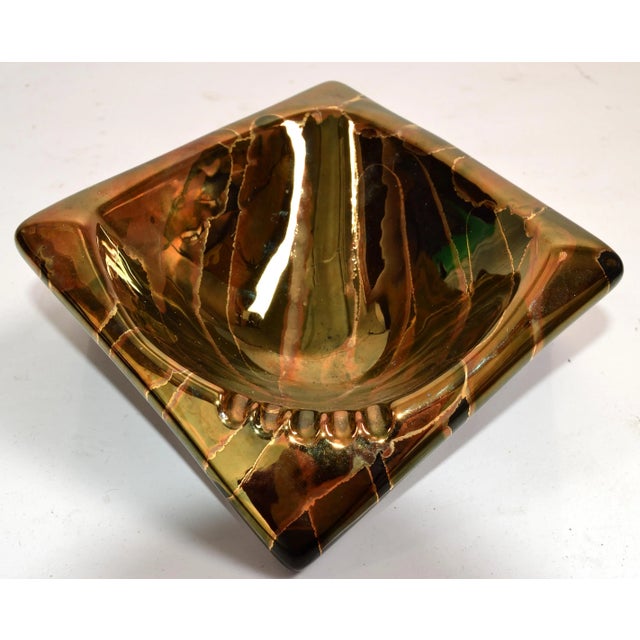 1970s Raymor Style Vintage Bronze Black Gold Glazed Ceramic Asymmetric Ashtray Italy For Sale - Image 9 of 12