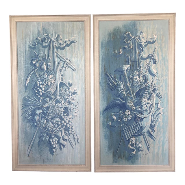 Pair Rare Italian Hand Painted Pastoral Panels, Harvest Time, Duane Perrigo For Sale