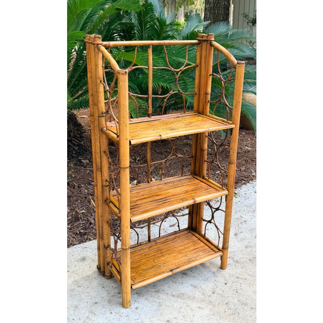 Boho Chic Vintage Burnt Bamboo Folding Shelf For Sale - Image 3 of 14