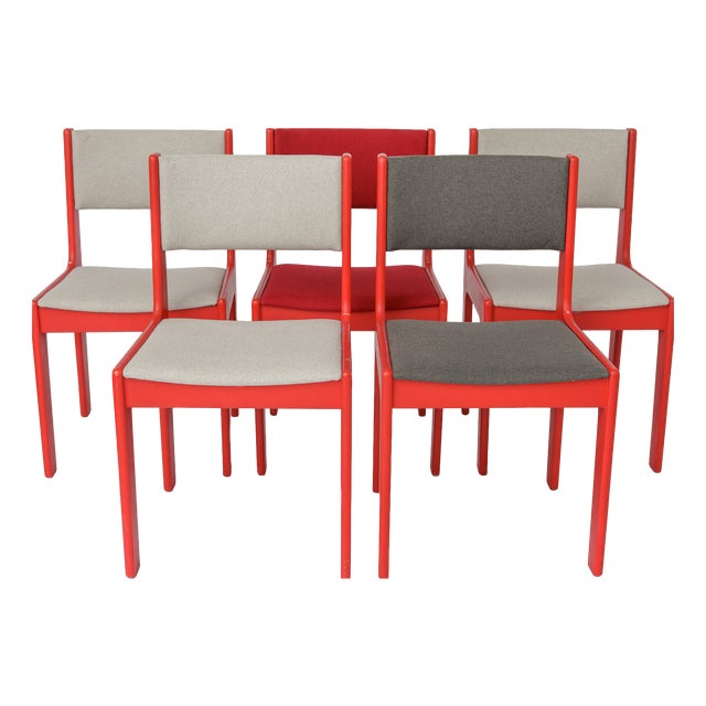 Mid-Century Modern Red Lacquered Beech Dining Chairs from Casala, Germany, 1950s, Set of 5 For Sale