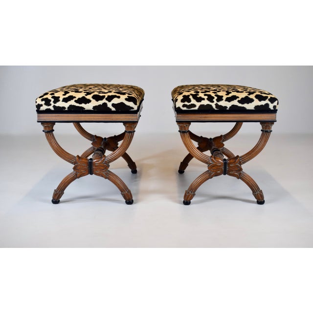 Curule Form Stools / Benches in Leopard Velvet, Circa 1955, Italy For Sale - Image 4 of 13