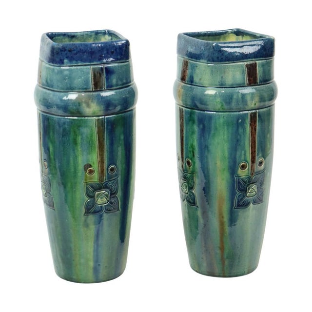 Antique Art Nouveau Flemish Blue Earthenware Vases, 1890s, Set of 2 For Sale - Image 4 of 18