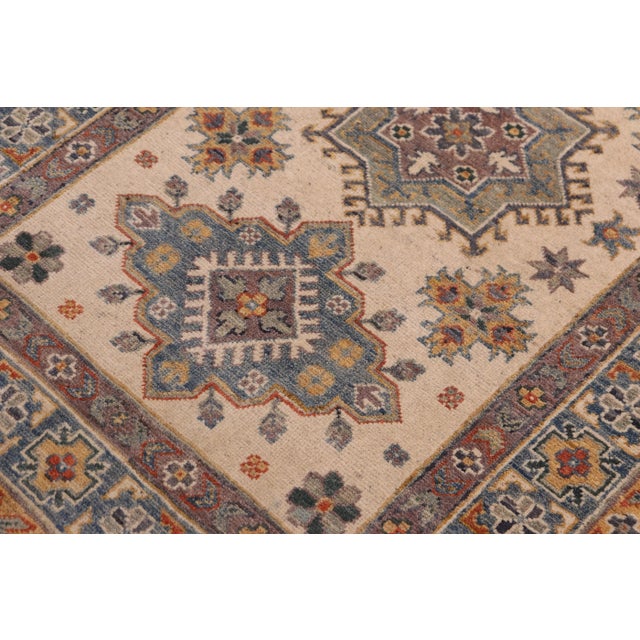 Textile 1990s Rustic Kazak Beige & Light Blue Wool Rug - 3'3'' X 4'10'' For Sale - Image 7 of 7