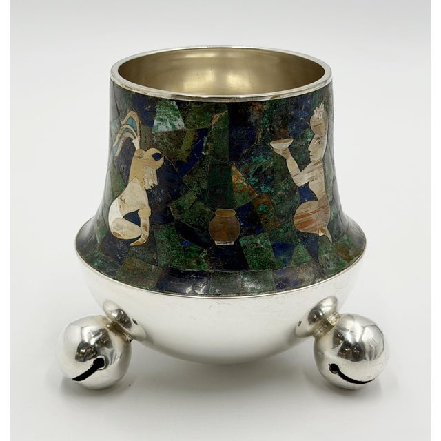 1970s 1970s Rare Los Castillo Tripod Vase With Malachite, Lapis, Azurite & Turquoise Inlay For Sale - Image 5 of 18