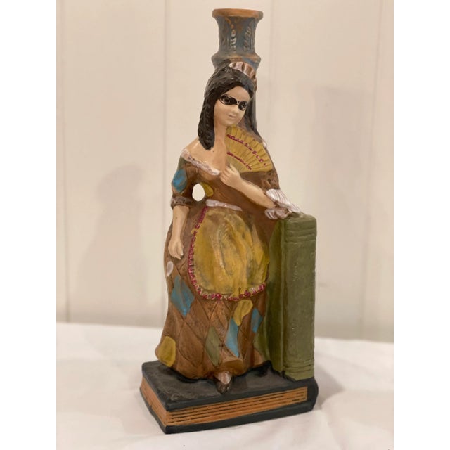 Vintage Ceramic Borghini LaCrima Christi Harlequin Ceramic Wine Decanter Bookends or Candlesticks - Pair For Sale - Image 4 of 12