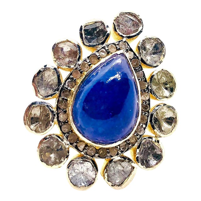 Bochic “Orient” Vintage Rose Cut Diamond & Tanzanite Ring Set 18K Gold & Silver For Sale