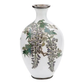 "Whispers of Elegance: Rare White Japanese Cloisonné Wisteria Tree Enamel Vase" For Sale