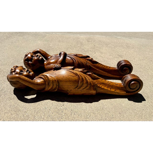 Brown Late 19th Century Substantial Pair of French Carved Oak Cherubs Figures For Sale - Image 8 of 11