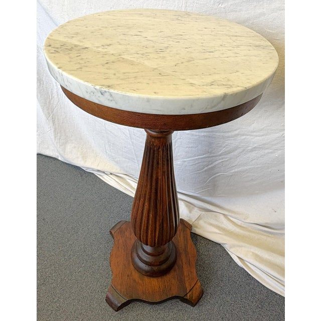 Brown 1900's Solid Wood Reeded Pedestal/ Plant Stand With Marble Top For Sale - Image 8 of 18