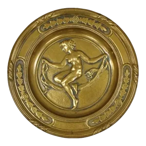 Antique Bronze Neoclassical Art Nouveau Round Dish With Nude Female Maiden