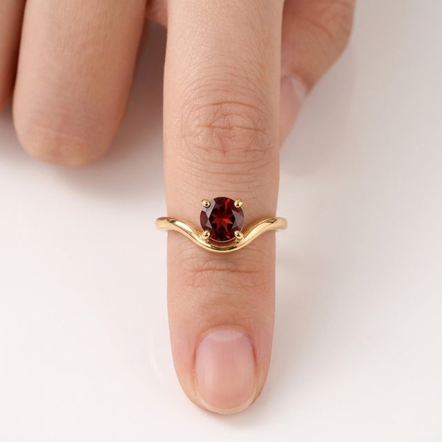 Contemporary Natural Red Garnet Curved Ring • 18k Gold Plated Wave Stacking Solitaire Band • January Birthstone Ring Us 7 For Sale - Image 3 of 3