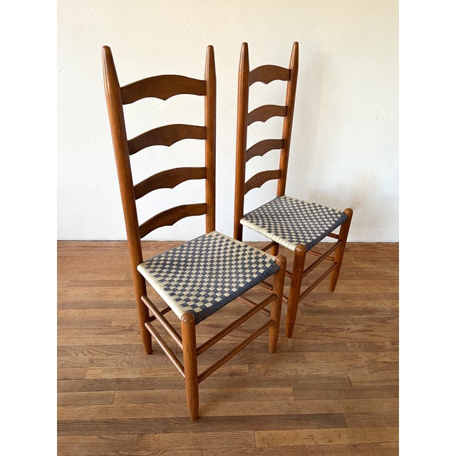 Pair of Vintage Ladder Back Chairs With Woven Checkerboard Seats For Sale - Image 4 of 10
