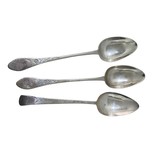 Three Early American Mid 18th Century Etched Sterling Spoons C.1752 For Sale