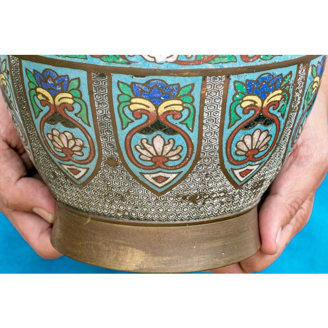 Antique Japanese Enamel-Over-Bronze Cloisonné Vase With Peacock Handles For Sale In New York - Image 6 of 7