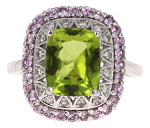 4.18 Carat Cushion Cut Peridot Sapphire and Diamond 14 Karat White Gold Ring, Size 7