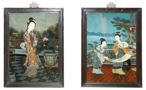 Chinese Artist, Ancestral Portraits, Hand Painted Glass, Set of 2
