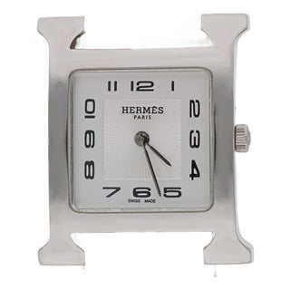 Vintage Hermes Heure H 30mm Steel White Dial Orange Swift Strap Quartz Watch For Sale