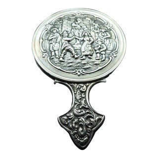 Antique Dutch Continental Silver Hand Mirror With Repoussé Dancing Musicians Scene For Sale