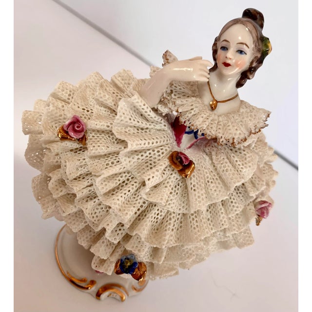 Vintage Dresden Rococo-Style Porcelain Figurine in a Lace Ball Gown, Circa 1955 by Germany’s Porzellanfabrik Al-Ka Kunst Alboth & Kaiser k.g. For Sale - Image 4 of 11