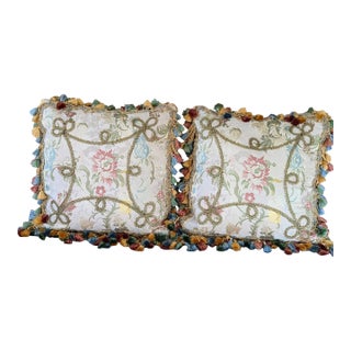 Custom Scalamandre Silk Floral Throw Pillows With Cord Work and Tassel Fringe For Sale