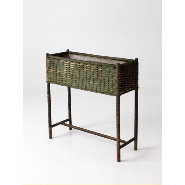 Antique Green Painted Wicker Jardinière Planter With Metal Liner For Sale - Image 4 of 17
