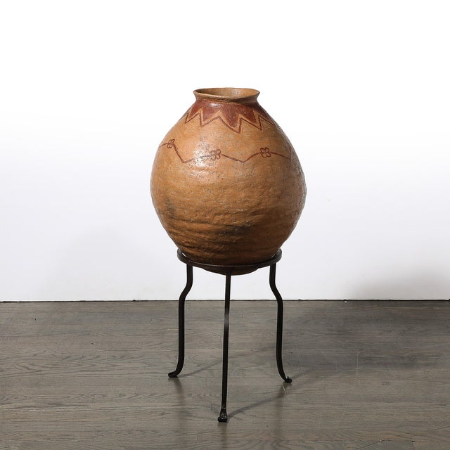 Terra Cotta Native American Tribal Terracotta Red Iron Oxide Vessel on Wrought Iron Base For Sale - Image 8 of 12
