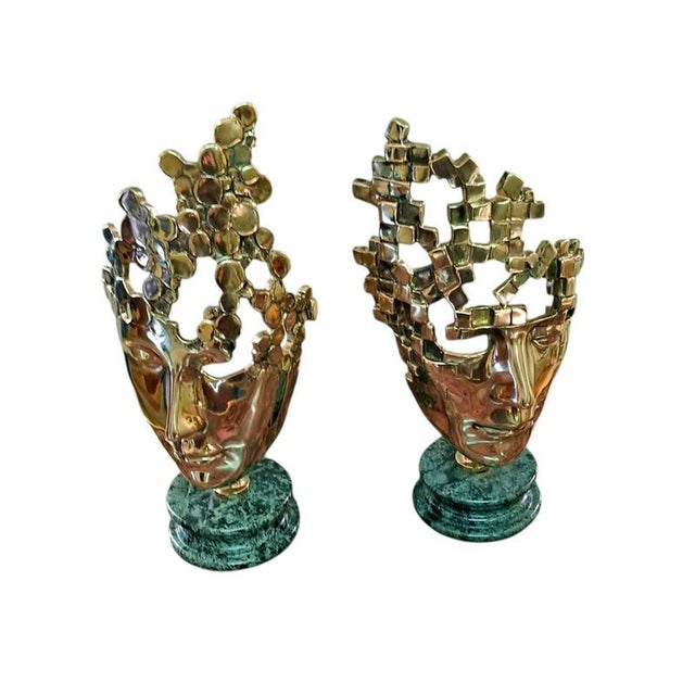 Geometric Bronze Masks with Marble Bases, Set of 2 For Sale - Image 4 of 5