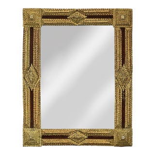 Gilt Wood Tramp Art French Folk Mirror With Raised Pyramidal Motifs, Circa 1900 For Sale