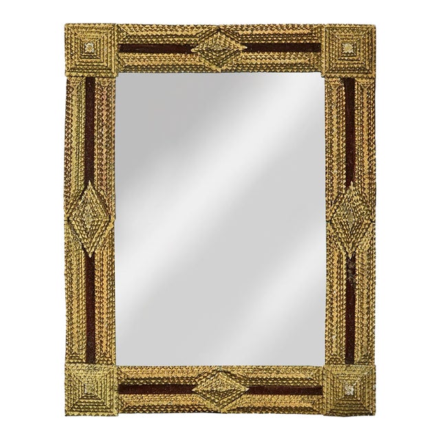 Gilt Wood Tramp Art French Folk Mirror With Raised Pyramidal Motifs, Circa 1900 For Sale