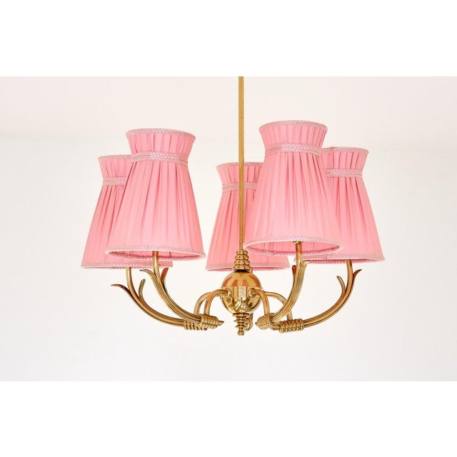 Metal Vintage Swedish Five-Arm Brass Chandelier with Pink Shades, 1940s For Sale - Image 7 of 13