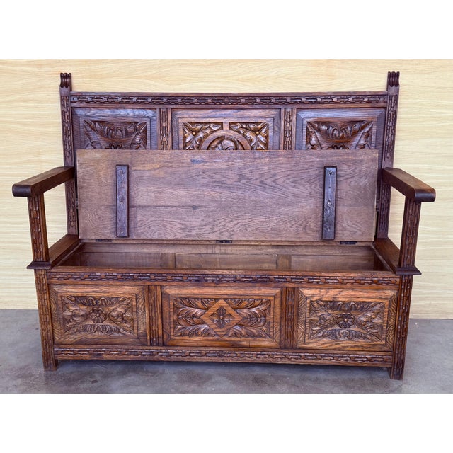 19th Spanish Carved Large Hall Bench with Storage For Sale - Image 4 of 18