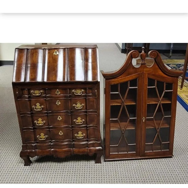 1840s Diminutive George III Walnut Block Front Slant Front Bureau Bookcase Cabinet For Sale - Image 12 of 13