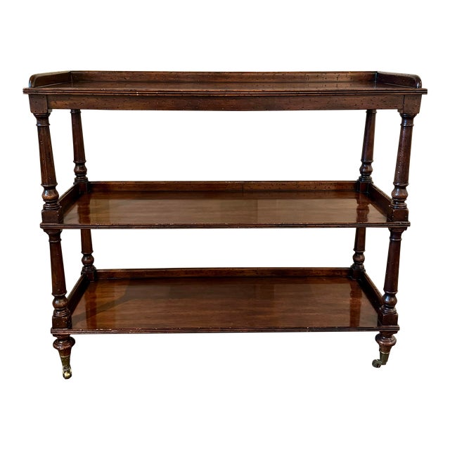 Vintage Payne Street Imports English Etagere Tiered Server, Solid Wood, Brass Casters For Sale
