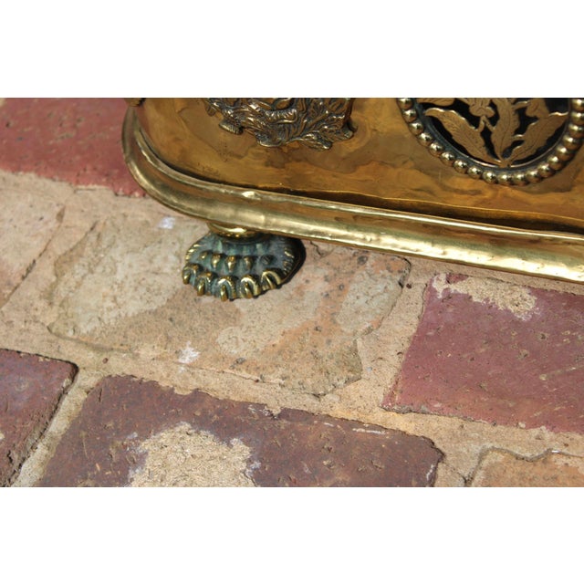 Set of 3, Vintage Handcrafted Ornate Brass Fireplace Fender With Brass Andirons For Sale - Image 9 of 10