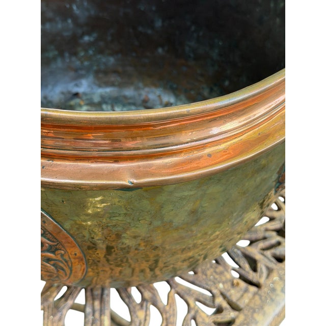Large 14" Antique French Repoussé Copper Jardinière, 19th Century Alliance Coat of Arms Cachepot, Lion Head Handles, French Planter For Sale - Image 12 of 15