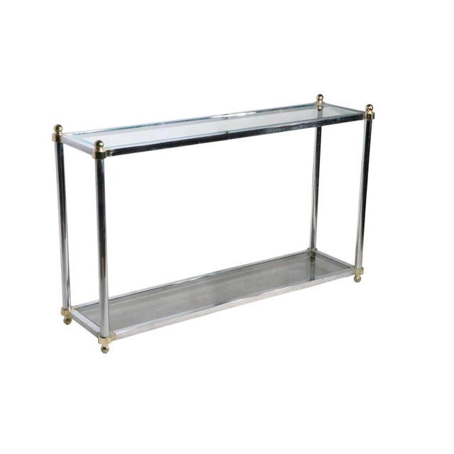 Hollywood Regency Style Chrome Brass and Glass Console Table C 1970's For Sale - Image 11 of 16