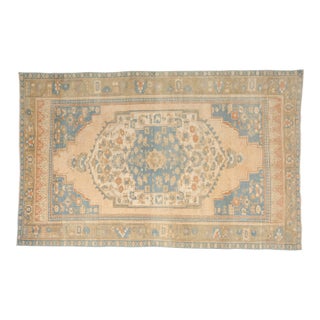 Vintage Distressed Turkish Oushak Rug in Pastel Blue and Cream For Sale