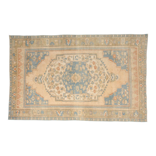 Vintage Distressed Turkish Oushak Rug in Pastel Blue and Cream For Sale