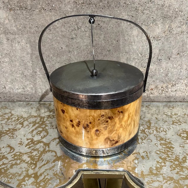 Mid-Century Modern Italian Olive Burl Wood Silver Chrome Ice Bucket Italy For Sale In San Diego - Image 6 of 14