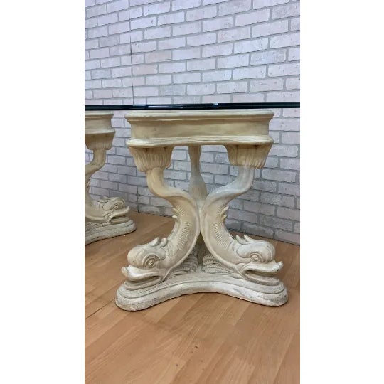 Vintage Neoclassical Faux-Stone Dolphin Pedestal Table With Glass Top For Sale - Image 4 of 11