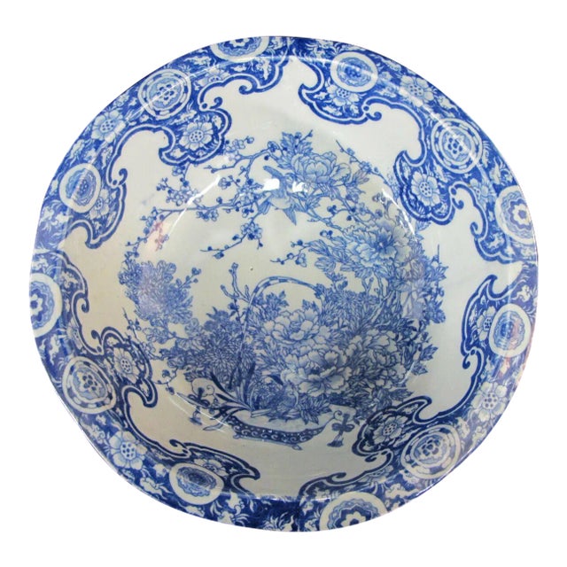 Chinese Cobalt Blue Porcelain Bird & Flower Design Basin Bowl For Sale